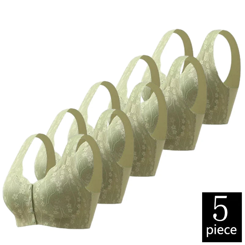 FallSweet 5PCS Front Closure Bra for Moms Lace  Seamless Push Up Brassiere Plus Size Wireless Brassiere for Middle-aged Women