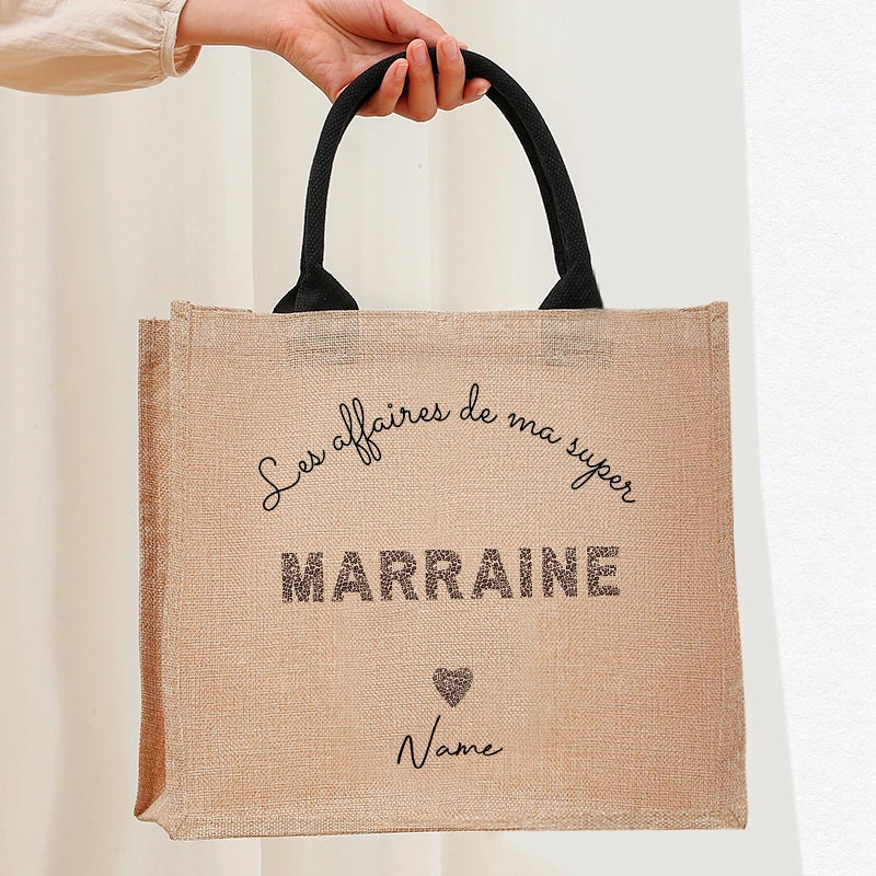 Customizable with Name Leopard Letter for Tata Marraine Garland Patterns Jute Tote with Hand Shopping Bag for Godparents Gifts
