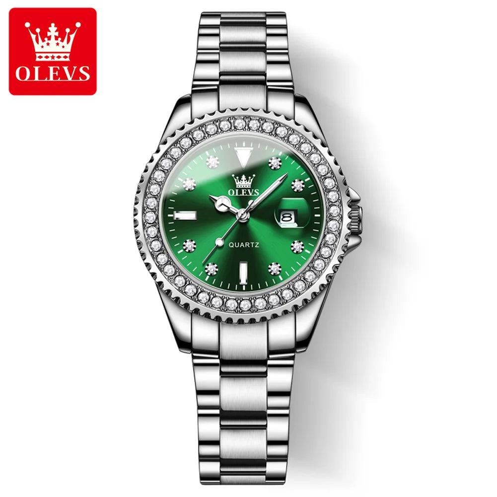 OLEVS 9945 Top Brand Original Quartz Watch for Women Luxury Diamond Lap Calendar Hand Clock Stainless Steel Ladies Wristwatches