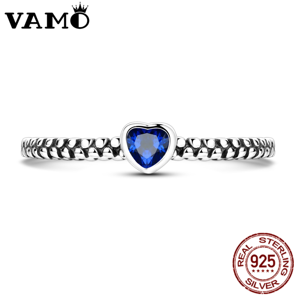 VAMO Original 925 Sterling Silver Woman Ring Vintage Dew Pearl Blue Heart Rings Sparkling Wedding Ring Girls Jewelry Anniversary