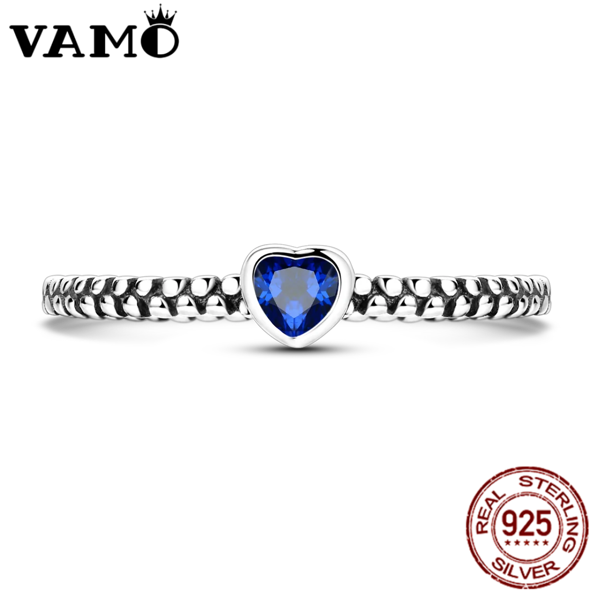 VAMO Original 925 Sterling Silver Woman Ring Vintage Dew Pearl Blue Heart Rings Sparkling Wedding Ring Girls Jewelry Anniversary