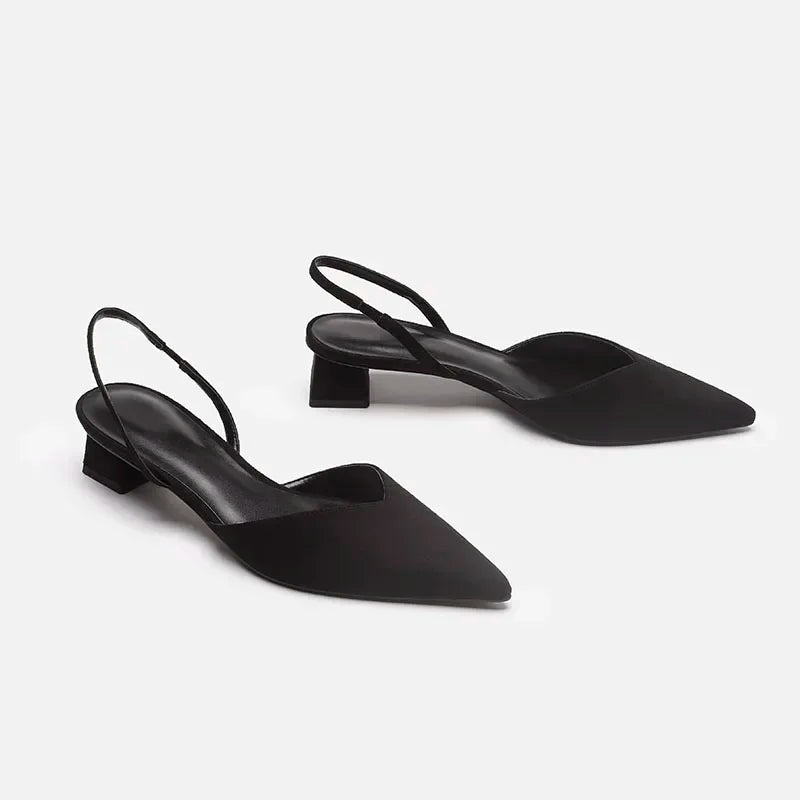 Summer 2025 Black Fashion Sandals - Silk Pointed Toe Low Heel Pumps
