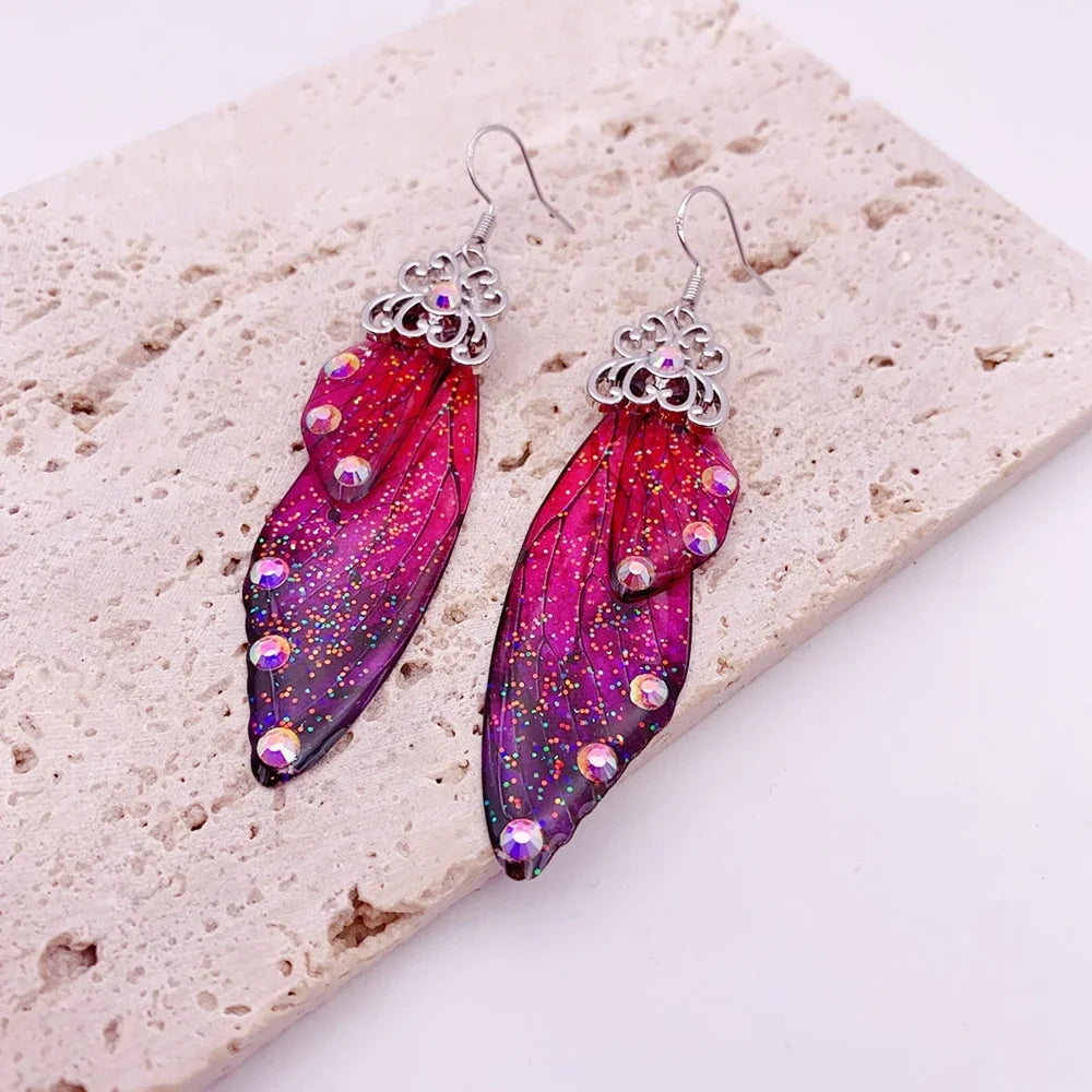 Handmade Fairy Simulation Wing Earrings Insect Butterfly Wing Drop Earrings Foil Rhinestone Earrings Romantic Bridal Jewelry