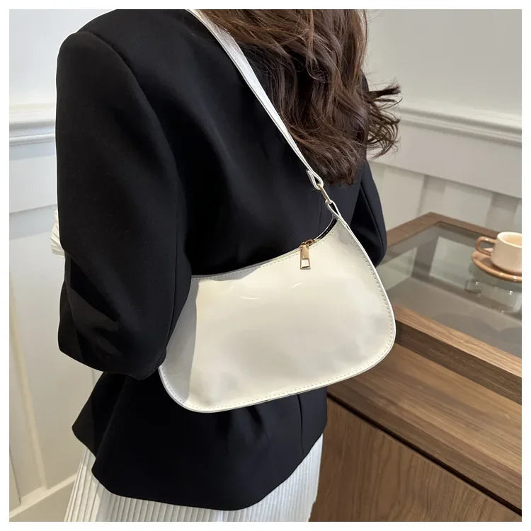 Vintage Wine Red Patent Leather Glossy Underarm Bag 2024 New Minimalist Lady Zipper Shoulder Bag Elegant Versatile Handbag Trend