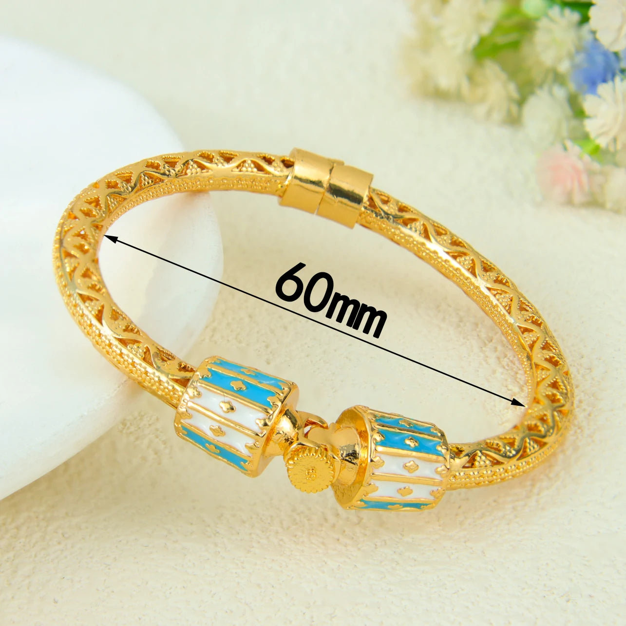 Ethiopia Classic Turquoise Bracelet 21k Gold Plated Dubai Charm Opening Bangles Oman Women Bridal Wedding Party Jewelry
