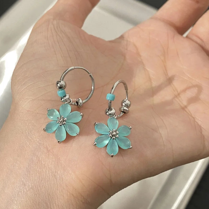 French Fresh Sweet Mint Colored Flower Hoop Earrings For Women Fashionsimple Metal Jewelry Summer Daily Earrings Gifts