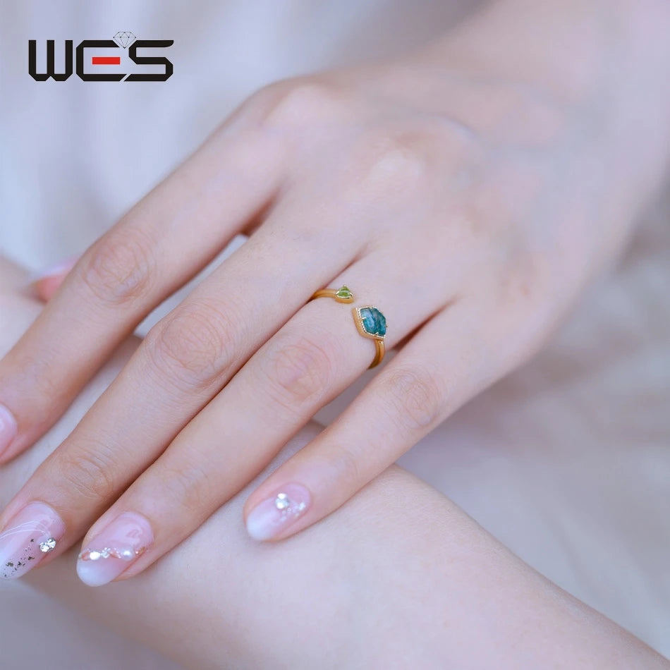 WES 925 Sterling Silver Open Ring for Woman Classic Unique Green Moss Agate Crystal Ring Engagement Gift Wholesale Oval Cut