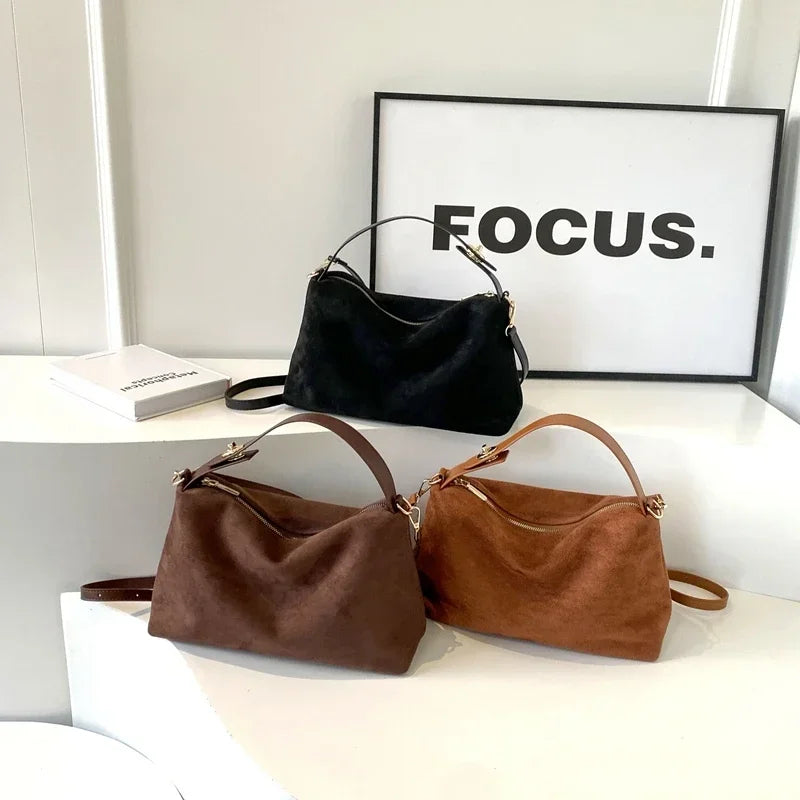 New Solid Color PU Zipper Women's Bag Suede Large Capacity Women's Shoulder Bag Fashion Versatile Casual Dual Purpose Handbag