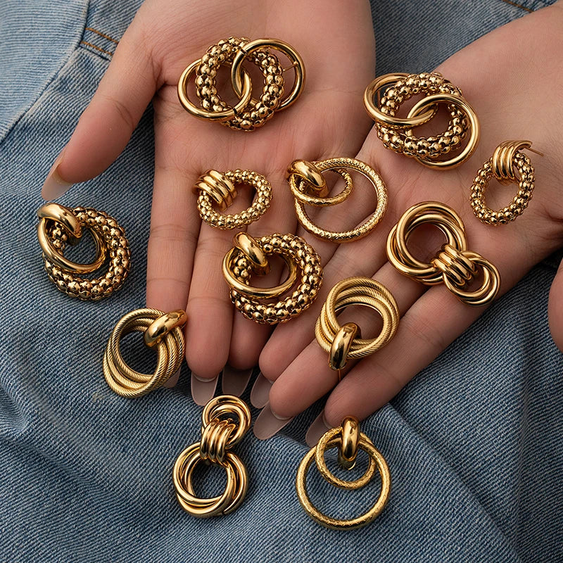 ANENJERY 316L Stainless Steel Circular Splicing Earrings For Women Men Fashion Unique Punk Hip hop Jewelry Gift Wholesale
