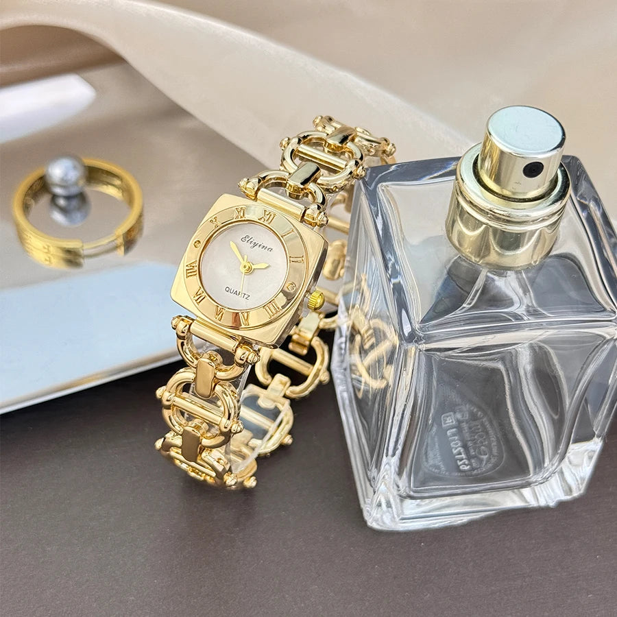 High-End Women's Skeleton Design Watch Square Roman Hour Markers Light Luxury Fashion Cross-Border Best-Seller Ladies Watch