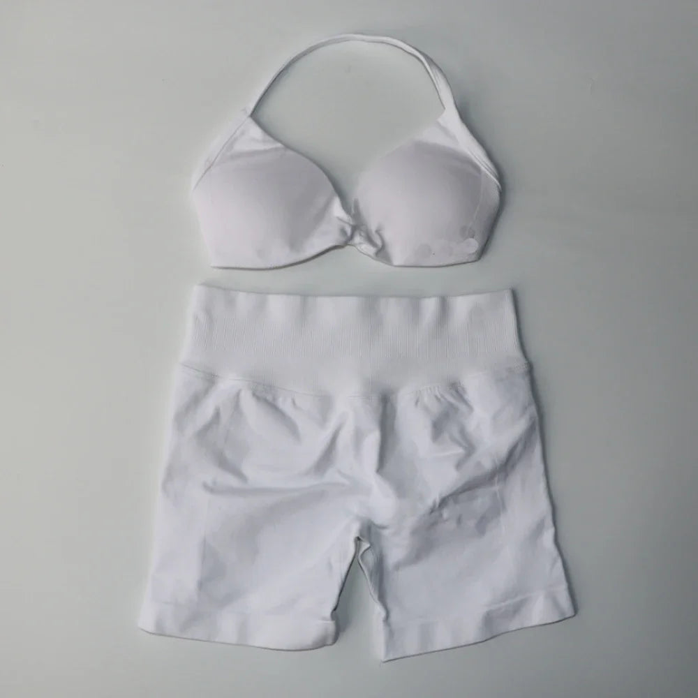 Seamless Sportswear Workout Set Women Two Piece Strappy Yoga Bra Top Scrunch Shorts Gym Clothes