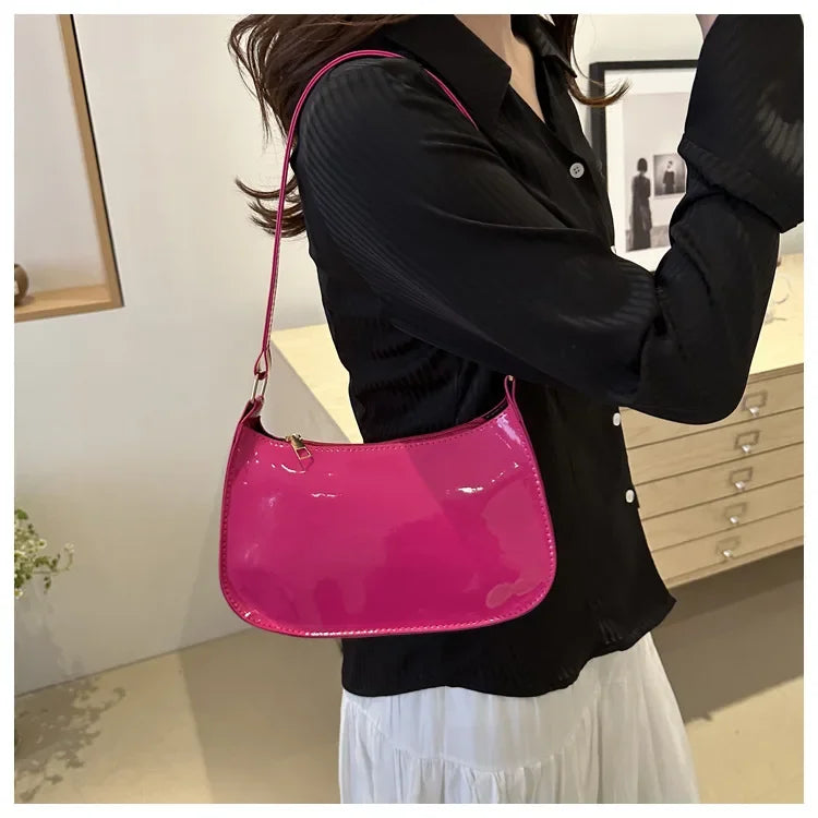 Vintage Wine Red Patent Leather Glossy Underarm Bag 2024 New Minimalist Lady Zipper Shoulder Bag Elegant Versatile Handbag Trend