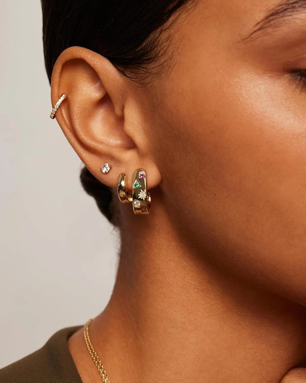14K Gold Plated 925 Sterling Silver Posts Chunky Huggie Earrings for Women Multi-Colored Cubic Zirconia Statement Hoop Earrings