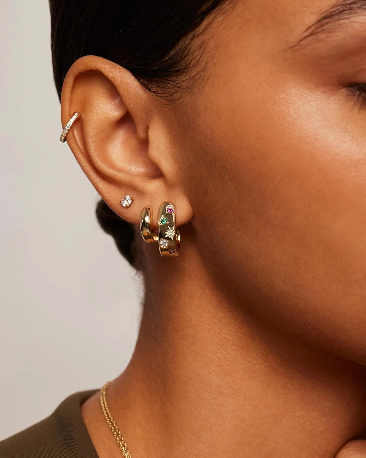 14K Gold Plated 925 Sterling Silver Posts Chunky Huggie Earrings for Women Multi-Colored Cubic Zirconia Statement Hoop Earrings