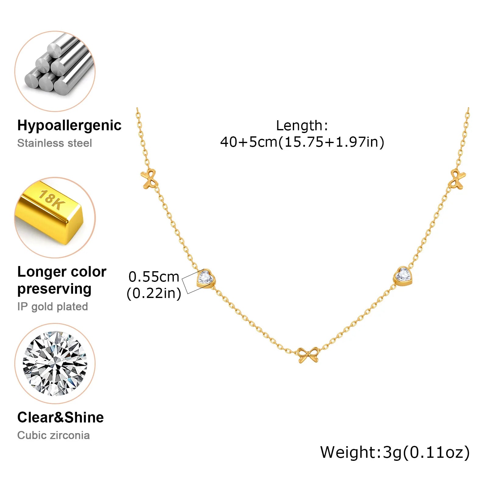 Stainless Steel Heart Cubic Zirconia Chain Necklace for Women, Bowknot Cherry Thin Link Chain Necklace Layered Jewelry