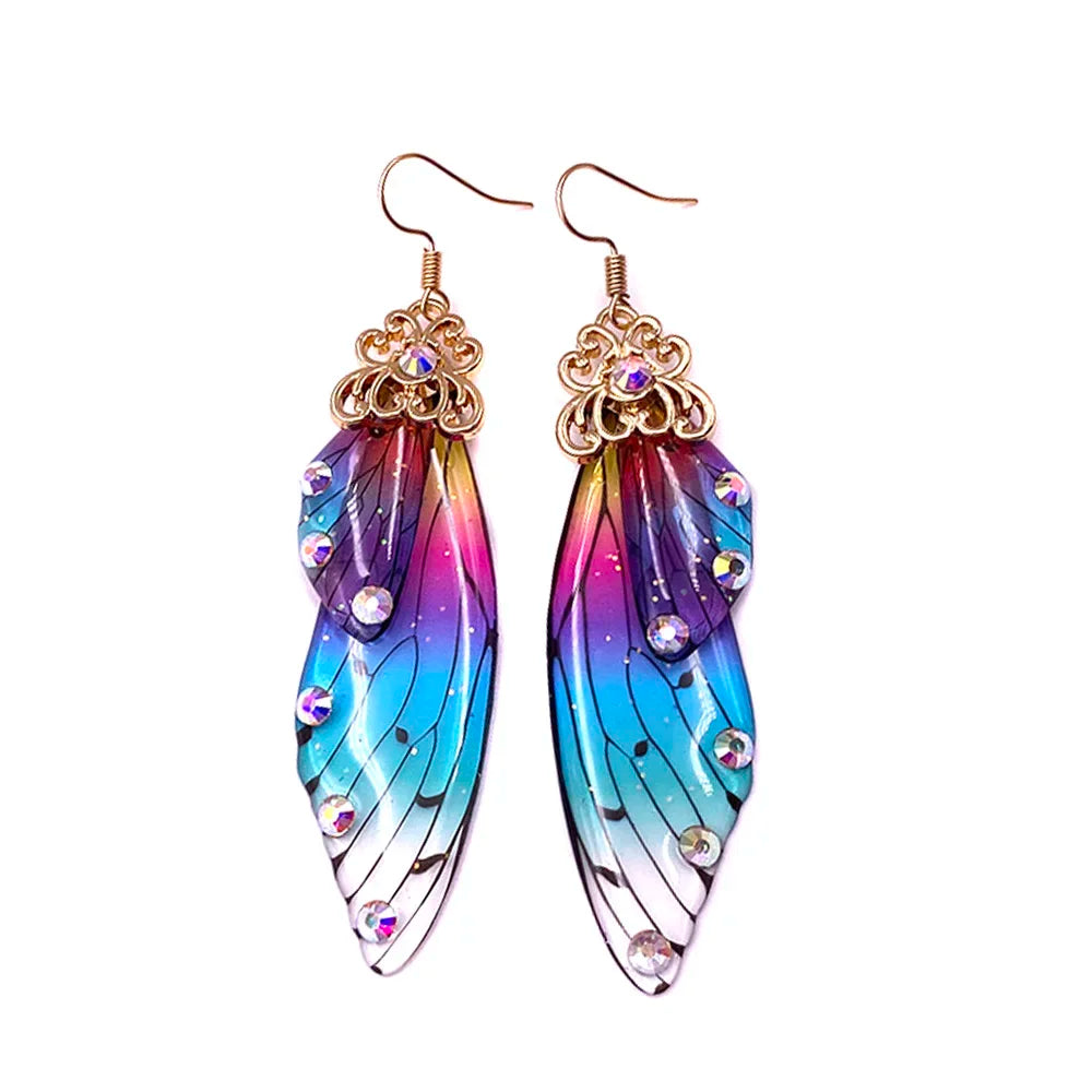 Handmade Fairy Simulation Wing Earrings Insect Butterfly Wing Drop Earrings Foil Rhinestone Earrings Romantic Bridal Jewelry