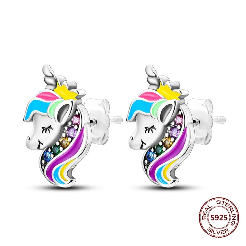 Unicorn Earrings 925 Sterling Silver Original Zircon Elephant Feather Dog Cat Blue Star Small Earrings For Women Jewelry Gift