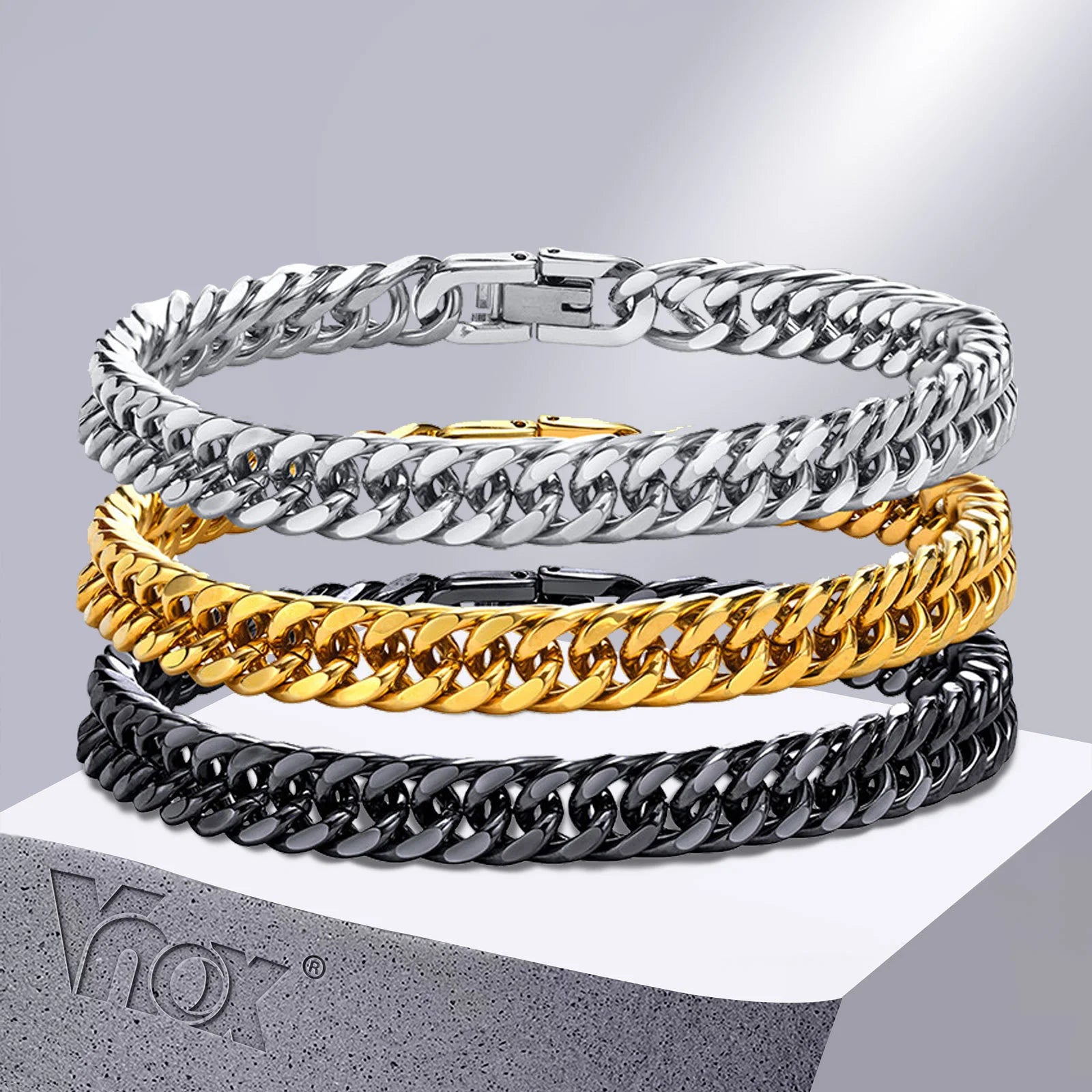 Vnox Men's Stainless Steel 7/8/9/10/12/15MM Link Chain Miami Cuban Bracelets for Male Boys Jewelry, 19cm/21.5cm, Gift for Dad