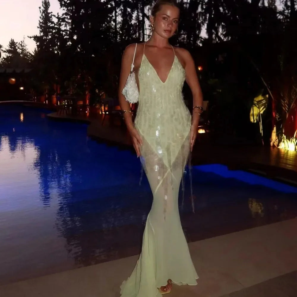 Yellow Sequins Maxi Beach Dress Women Sexy Backless Slim Party Fishtail Dresses Summer Mesh Patchwork Sheer Holiday Dress 2024