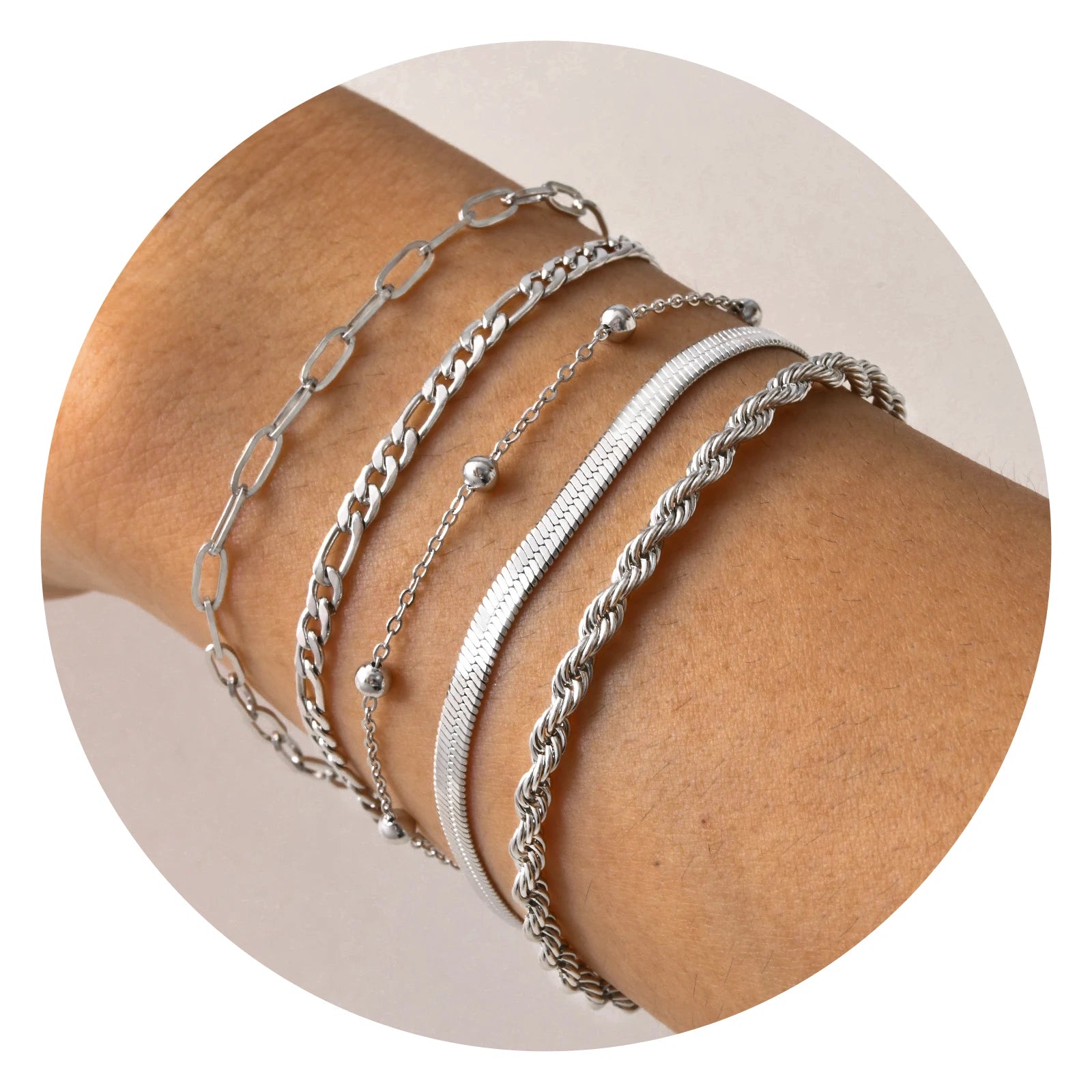 5PCS/Set Women Gold/Silver Color Bracelets,Stainless Steel Lady Geometric Fashion Charm Chain,Multi Layers Dainty Girl Jewelry