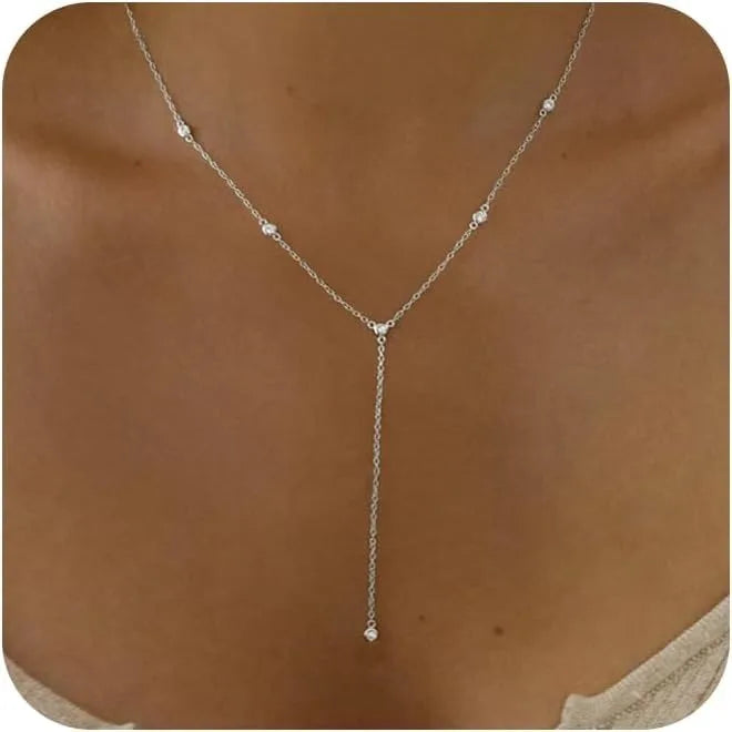 Silver Plated Necklace for Women, Dainty Gold Necklaces Gold Plated CZ Lariat Necklace for Women Boho Fashion Jewelry Womens