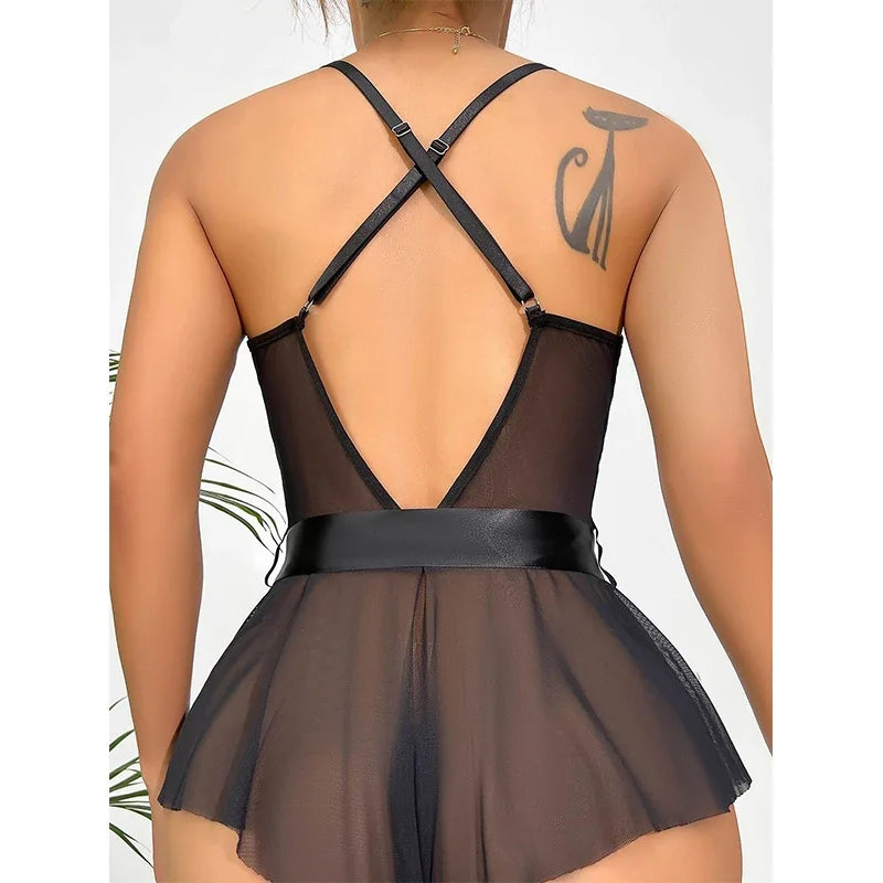 Sexy Lingerie for Women Transparent Porno Teddy Costumes Babydoll Lace Dress Plus Size Underwear Open Bra Sleepwear Lingerie