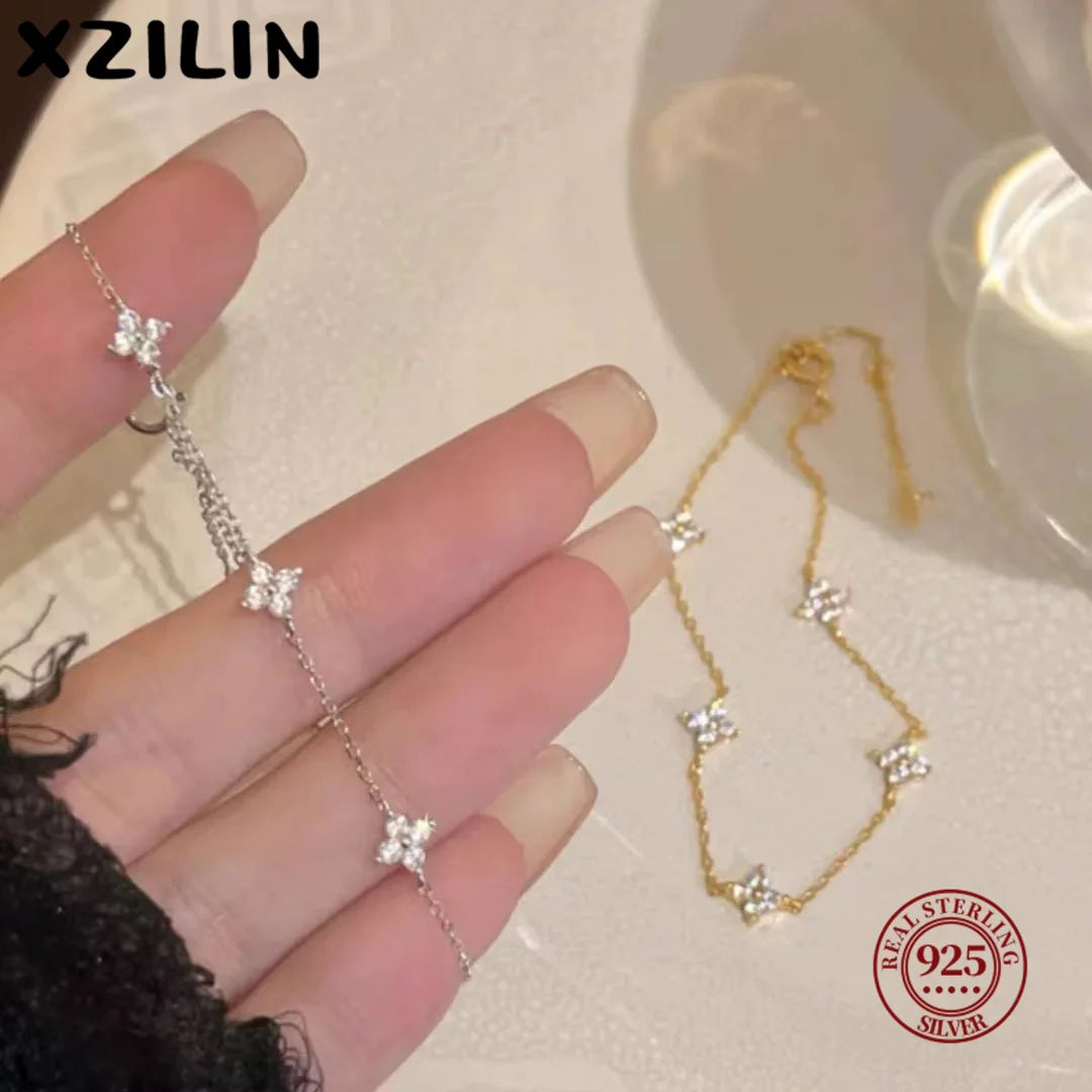 S925 Sterling Silver Zircon Flower Bracelet - 18K Gold Korean Design