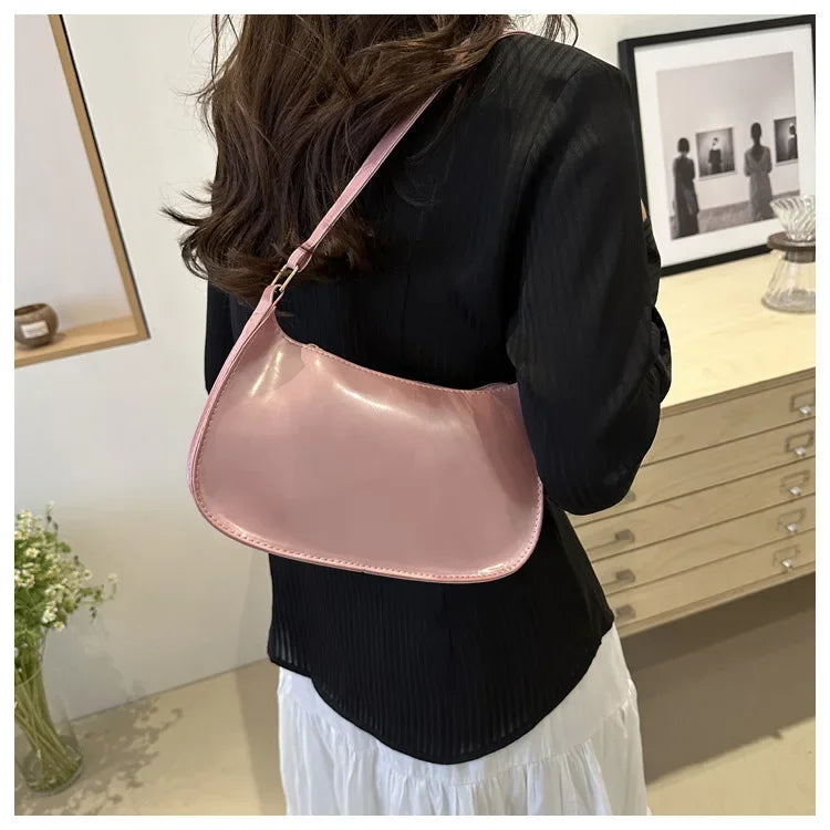 Vintage Wine Red Patent Leather Glossy Underarm Bag 2024 New Minimalist Lady Zipper Shoulder Bag Elegant Versatile Handbag Trend