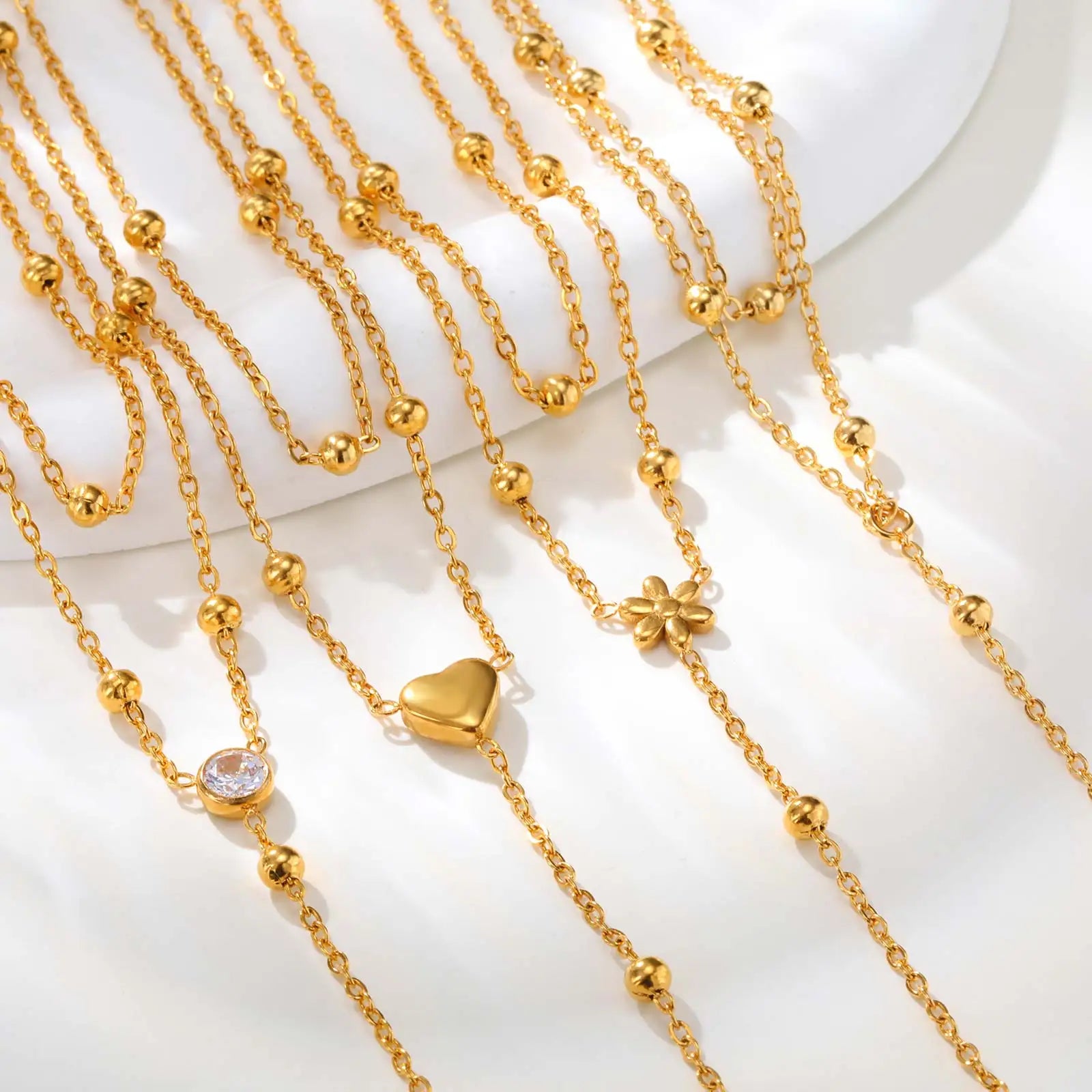 Dainty Bead Chain Zircon Heart-shaped Necklace for Women,Stainless Steel Flower Tassel Double Layer Y-shaped Necklaces Jewelry