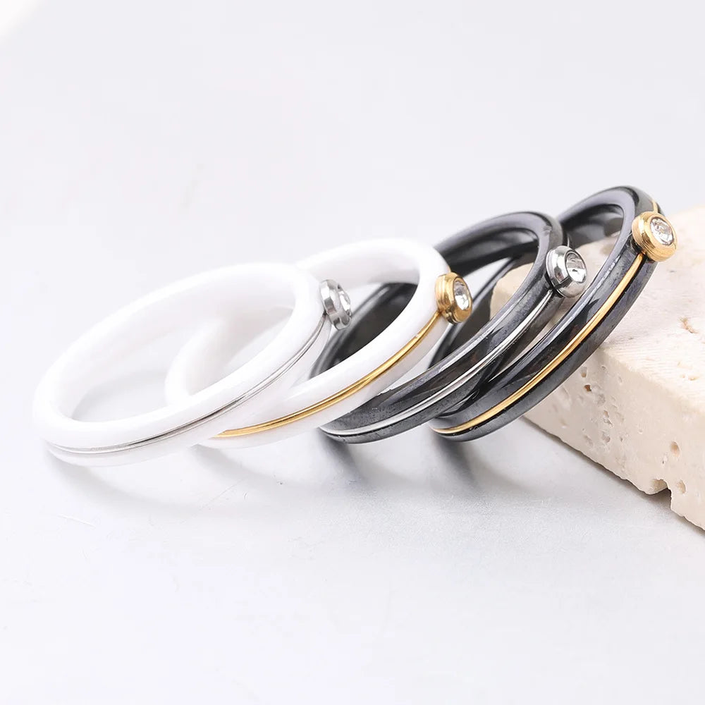 HNSP 4MM luxury Zircon Ceramic Black White Ring For Women Finger Jewelry Accessories