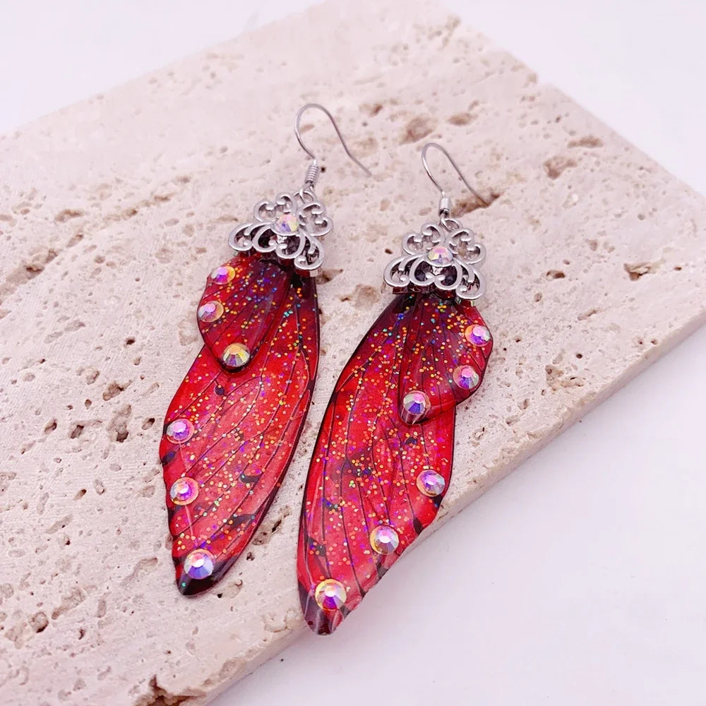 Handmade Fairy Simulation Wing Earrings Insect Butterfly Wing Drop Earrings Foil Rhinestone Earrings Romantic Bridal Jewelry