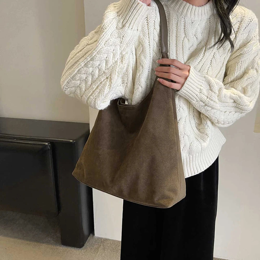 Women Suede Shoulder Bag Retro Single Shoulder Bag Large Capacity Trendy Work Hobo Solid Color Vintage Hobo Bag Top Handle Bag