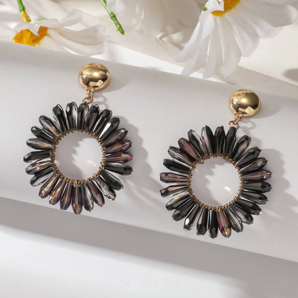 1 Pair of Bohemian Dangle Earrings Hollow Flower Design Set with Rhinestones Multicolor, with Everyday Outfit Party Accessories