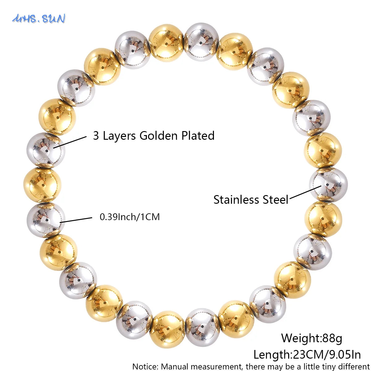 MHS.SUN Fashion Waterproof Smooth Stainless Steel Bracelets 2-10mm Elastic Beaded Gold Plated Stackable Bracelet Women Jewelry