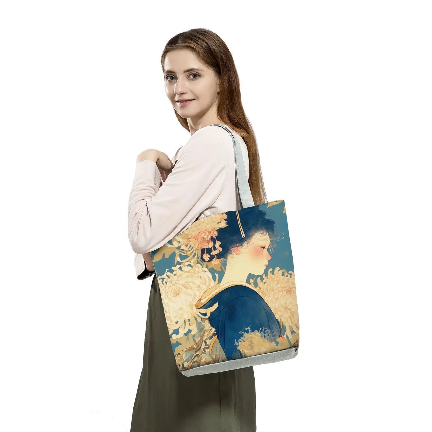 Japan Ukiyoe Print Handbags Groceries Kimono Woman Shopping Bags Women Large Capacity Shoulder Bag Chrysanthemum Portable Tote