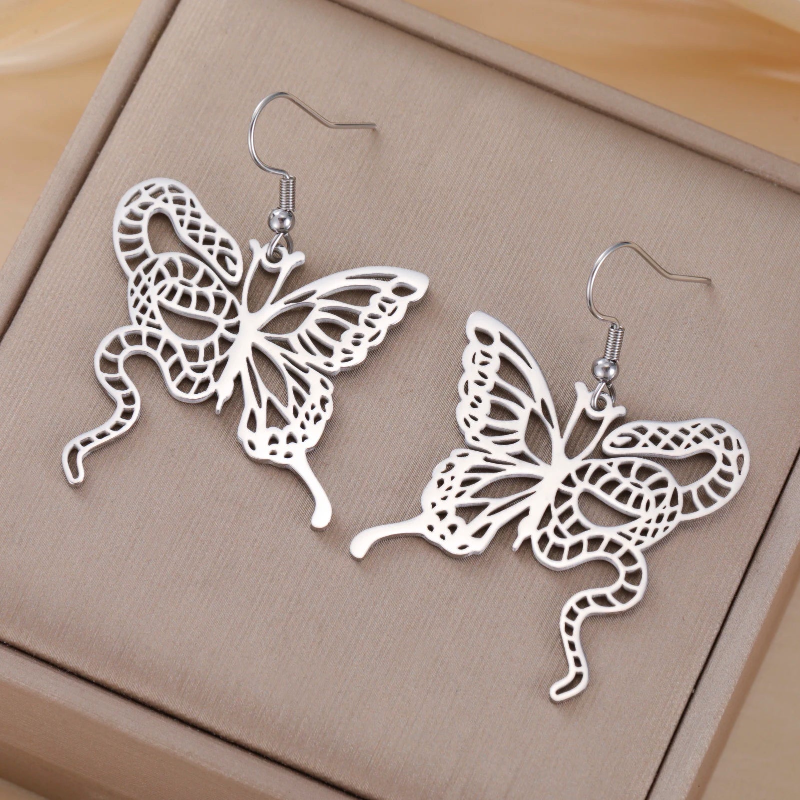 Lucktune Butterfly Snake Drop Earrings Stainless Steel Animals Earrings For Women Fashion Jewelry Woman Accesories Party Gifts