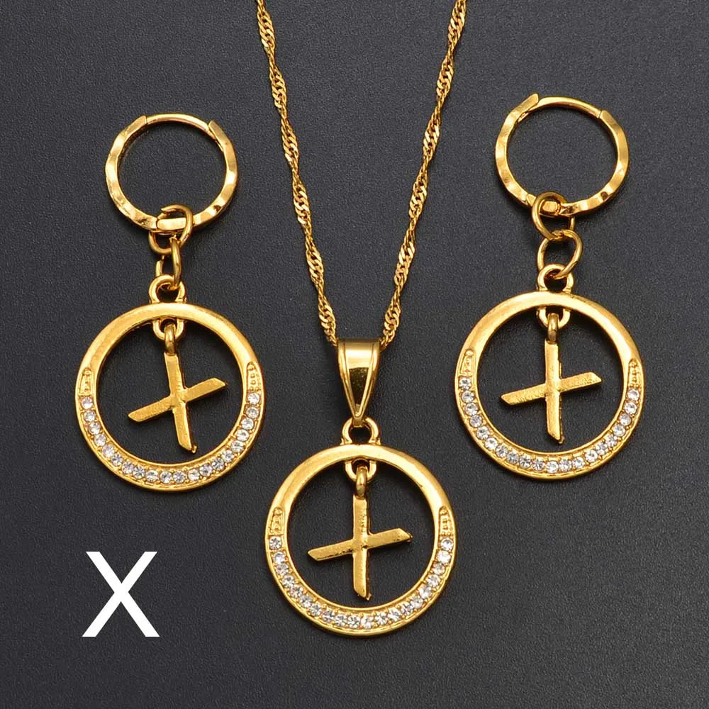 Anniyo A-Z Alphabet set Pendant Necklace and Earring set,Guam, Hawaii,African Initial Jewelry English Letters  #260306