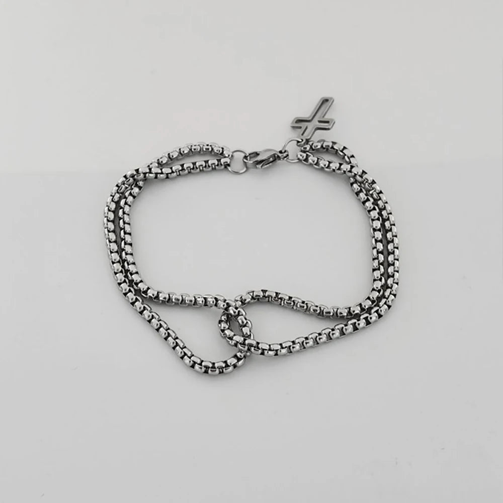 Men's Fashion Double Chain Cross Hollow Wrist Bracelets Lobster Claw Clasp Stainless Steel Bracelet Hip Hop Punk Party Jewelry