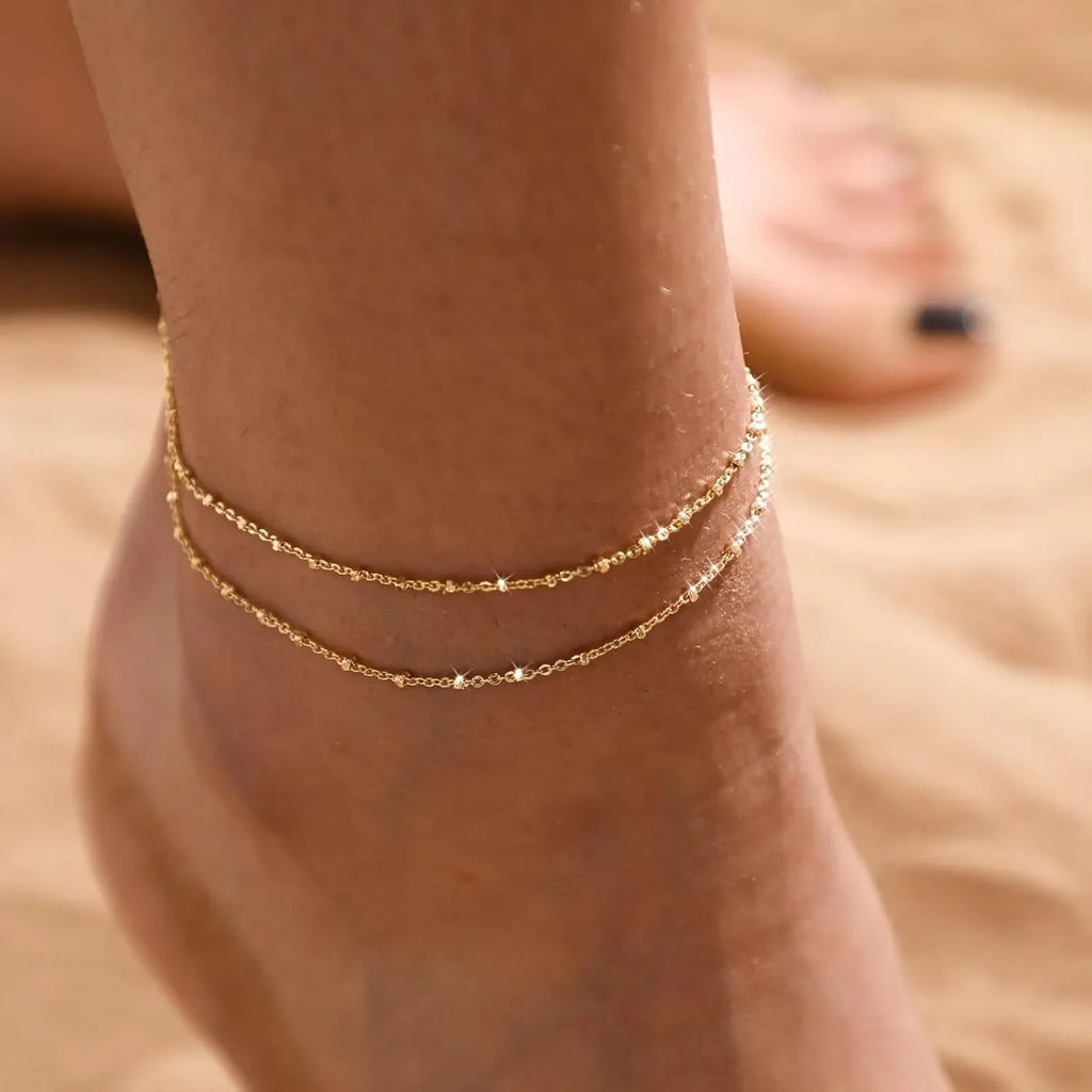 Gold/Silver Ankle Bracelets for Women,14K Gold Anklets for Women Waterproof Beads Anklets Set Layered Anklet Gold Jewelry Gift
