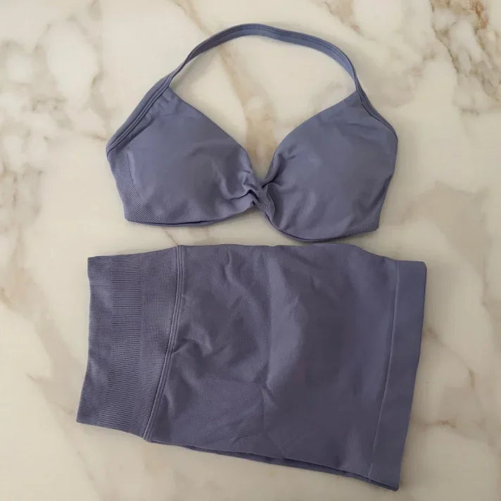 Seamless Sportswear Workout Set Women Two Piece Strappy Yoga Bra Top Scrunch Shorts Gym Clothes