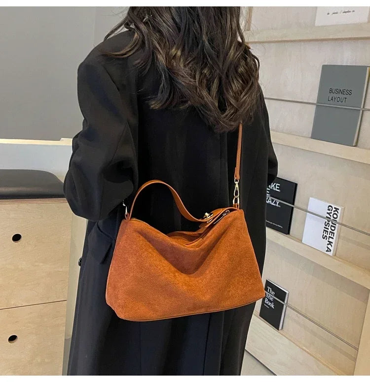 New Solid Color PU Zipper Women's Bag Suede Large Capacity Women's Shoulder Bag Fashion Versatile Casual Dual Purpose Handbag
