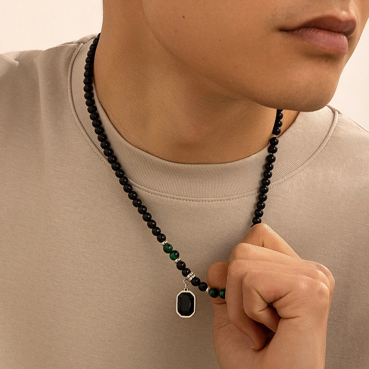 HNSP Black Crystal Pendant Bead Rosary Necklace For Men Jewelry Accessories