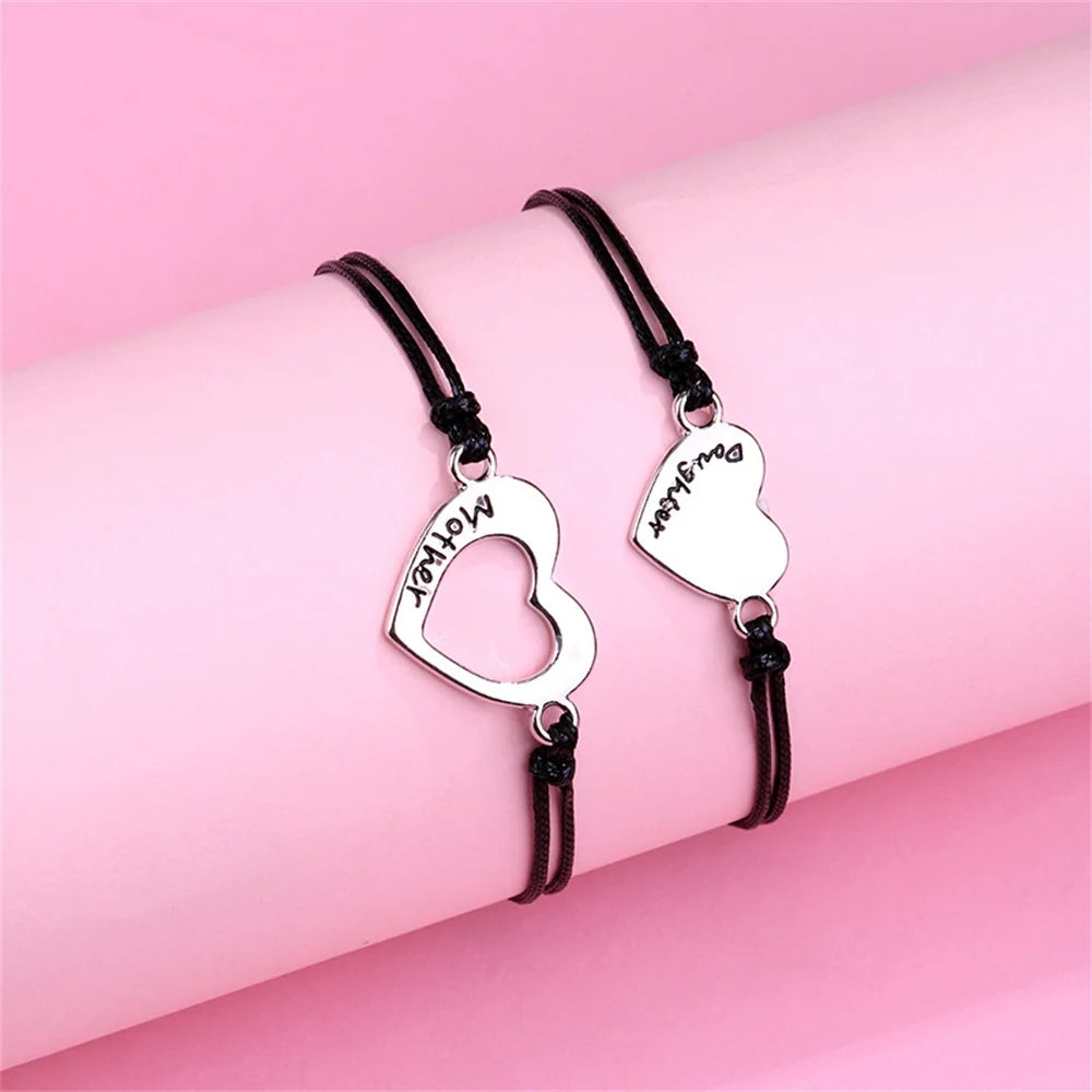 2Pcs Mother and Daughter Hollow Heart Braided Bracelet Adjustable Love Wrist Rope Bangle DIY Jewelry Accessories Festival Gifts