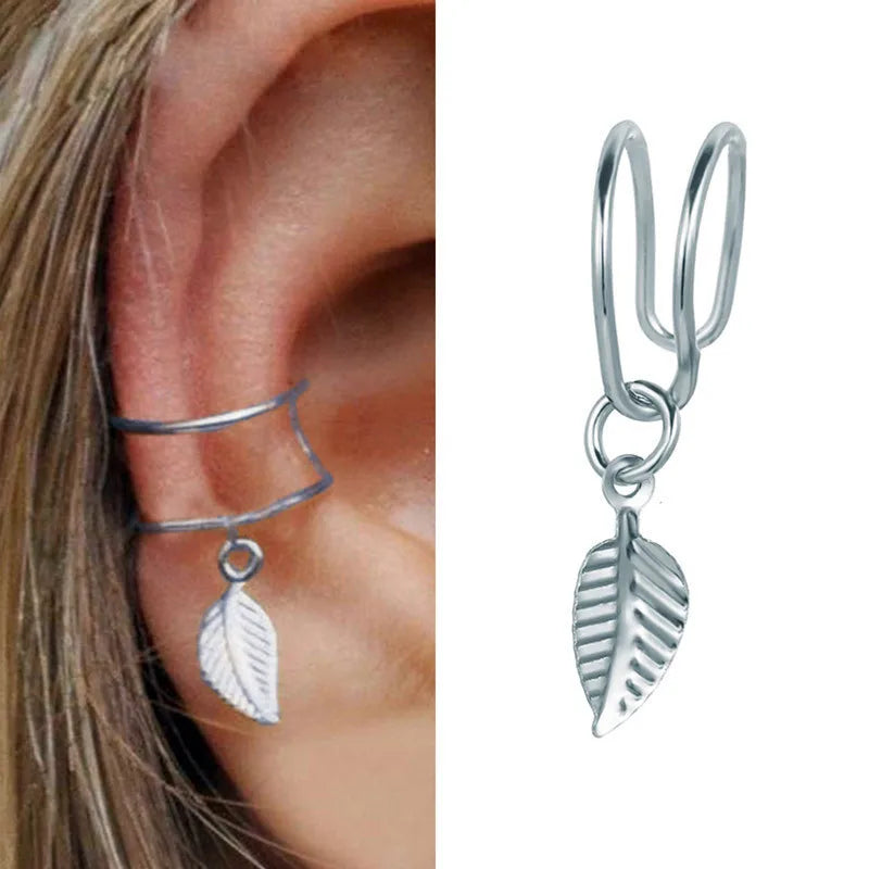 KOTiK 2024 New Gold Silver Color Leaves Clip Earrings for Women Fashion Ear Cuff Non-Piercing Earrings Set Trend Jewelry Gift