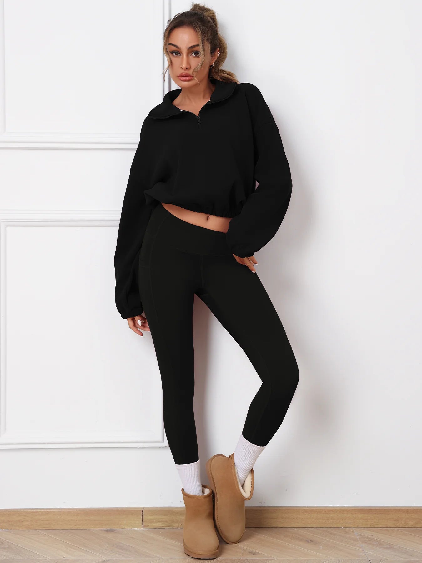 2PCS Thermal Yoga Set Fleece Fintness Suit Women's Sports Set  Fleece Pullover Sweatshirt with Non-fleece-lined  Leggings