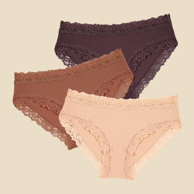 3PCS/Set Cotton Lace Underwear for Women Sexy Ribbed Floral Panties Comfortable Low-Waist Briefs Female Solid Comfort Lingerie