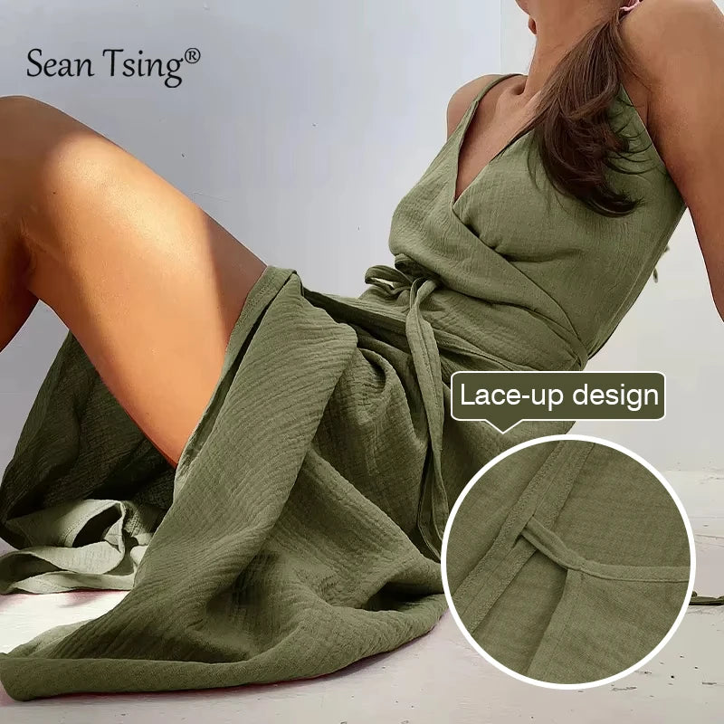 100% Cotton Gauze Elegant Dresses For Women SummerSexy Adjustable Strap Sleeveless Open Side Bandage Party Dresses Vestido