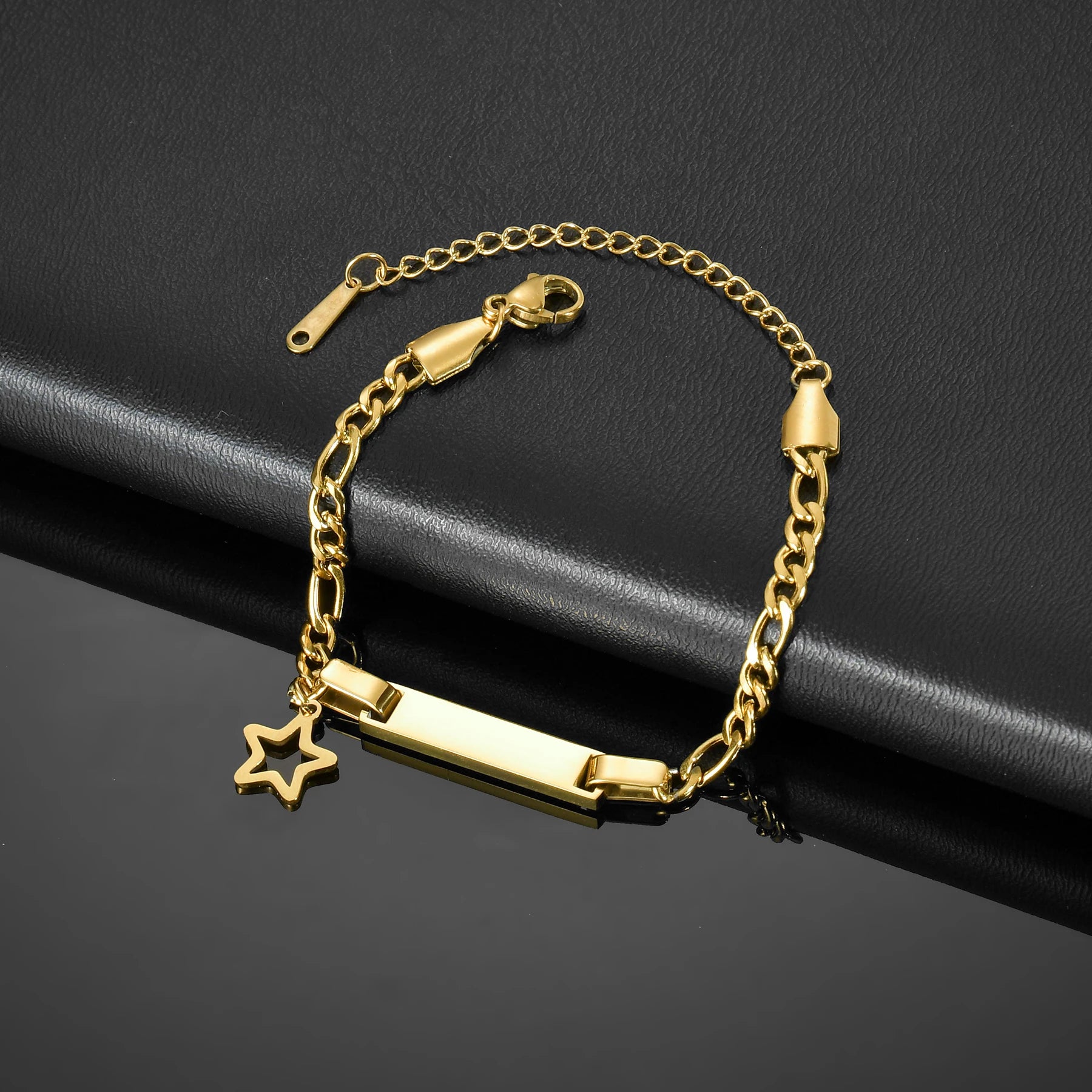 Akizoom Punk Newborn Baby Bracelets Hip Pop Gold Color Stainless Steel Figaro Chain Blank Bar Kids Bangle  Jewelry Birthday Gift