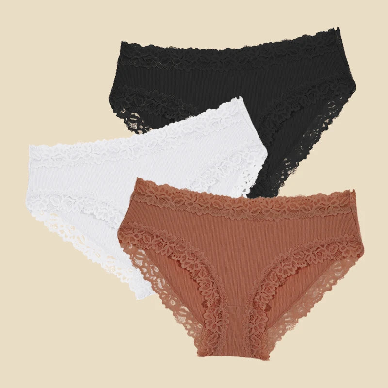 3PCS/Set Cotton Lace Underwear for Women Sexy Ribbed Floral Panties Comfortable Low-Waist Briefs Female Solid Comfort Lingerie