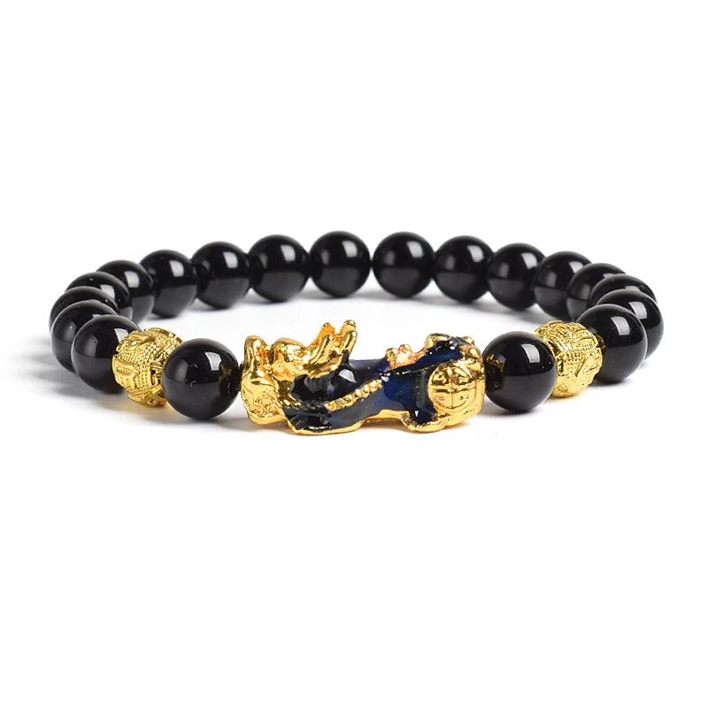 Pi Xiu Tiger Eye Stone Beads Bracelet Feng Shui Yellow Power Stone Women Men Elastic Jewelry Gold Color Pixiu Good Luck Bracelet
